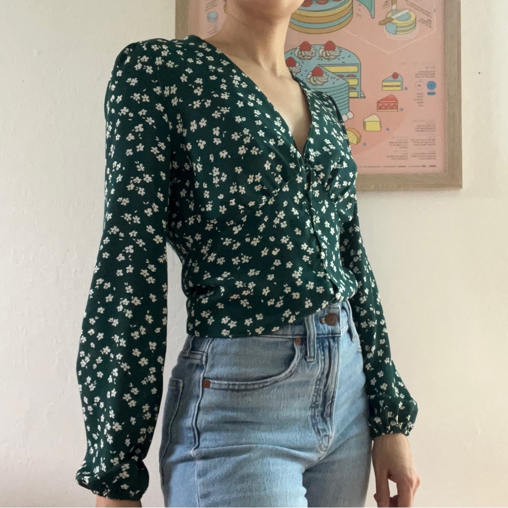 Green Floral Silk Shirt Sz XS